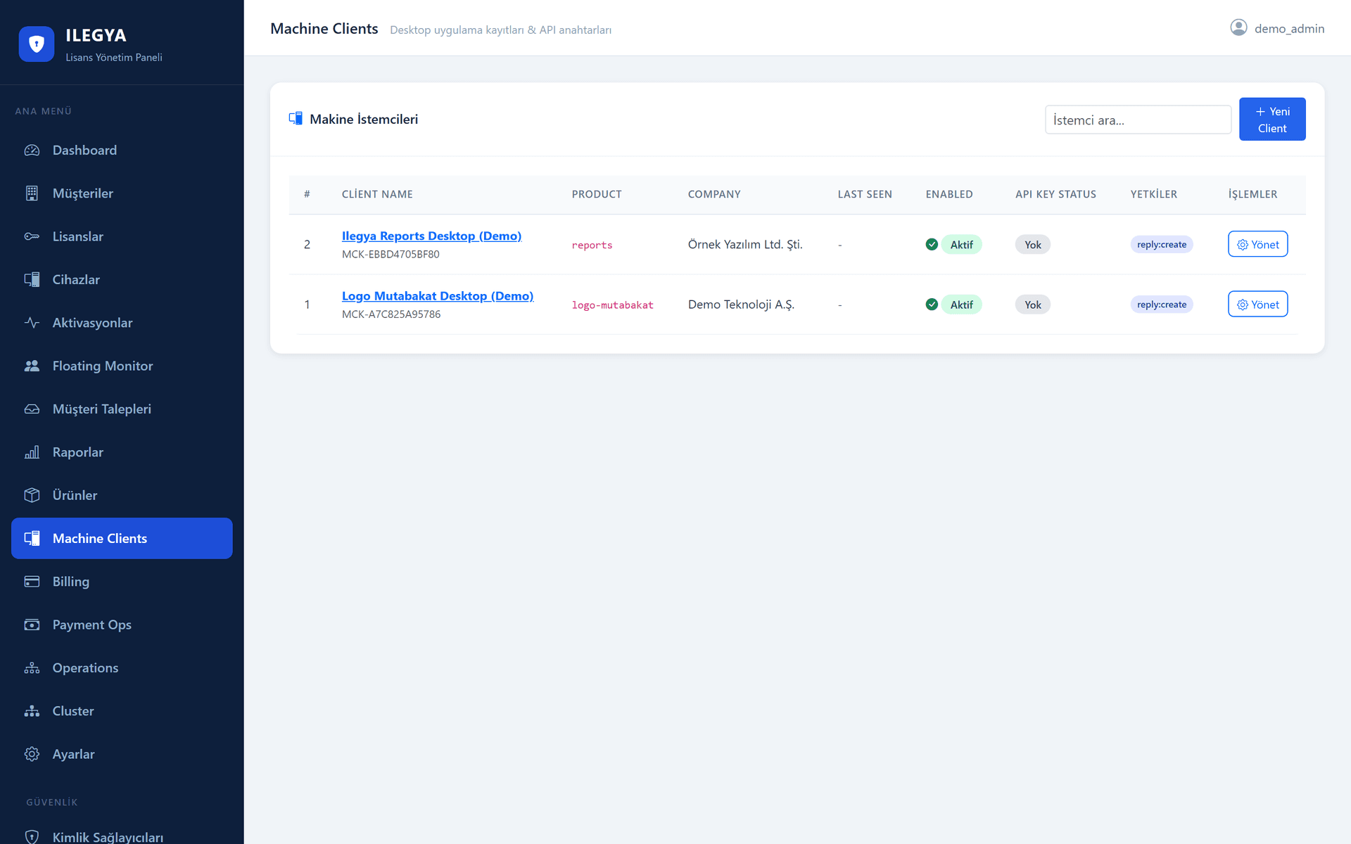 Ilegya License Server yönetim panelinde makine istemcisi (Machine Client) kayıtları ve API anahtarı durumu